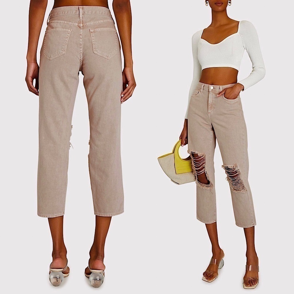 NWT L’AGENCE 90s High Waist Khaki Distressed Denim Rip Knee‎ Ankle Crop Jean 25
